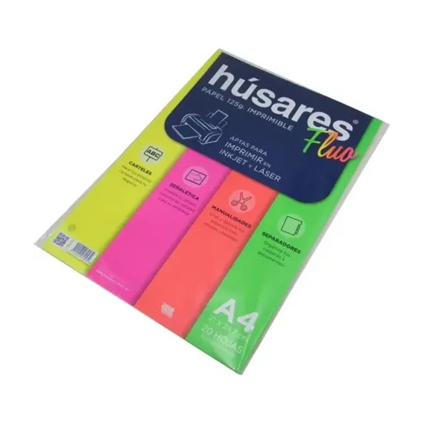 CARTULINA 125G A4X20 HUSARES 4 COL. FLUO